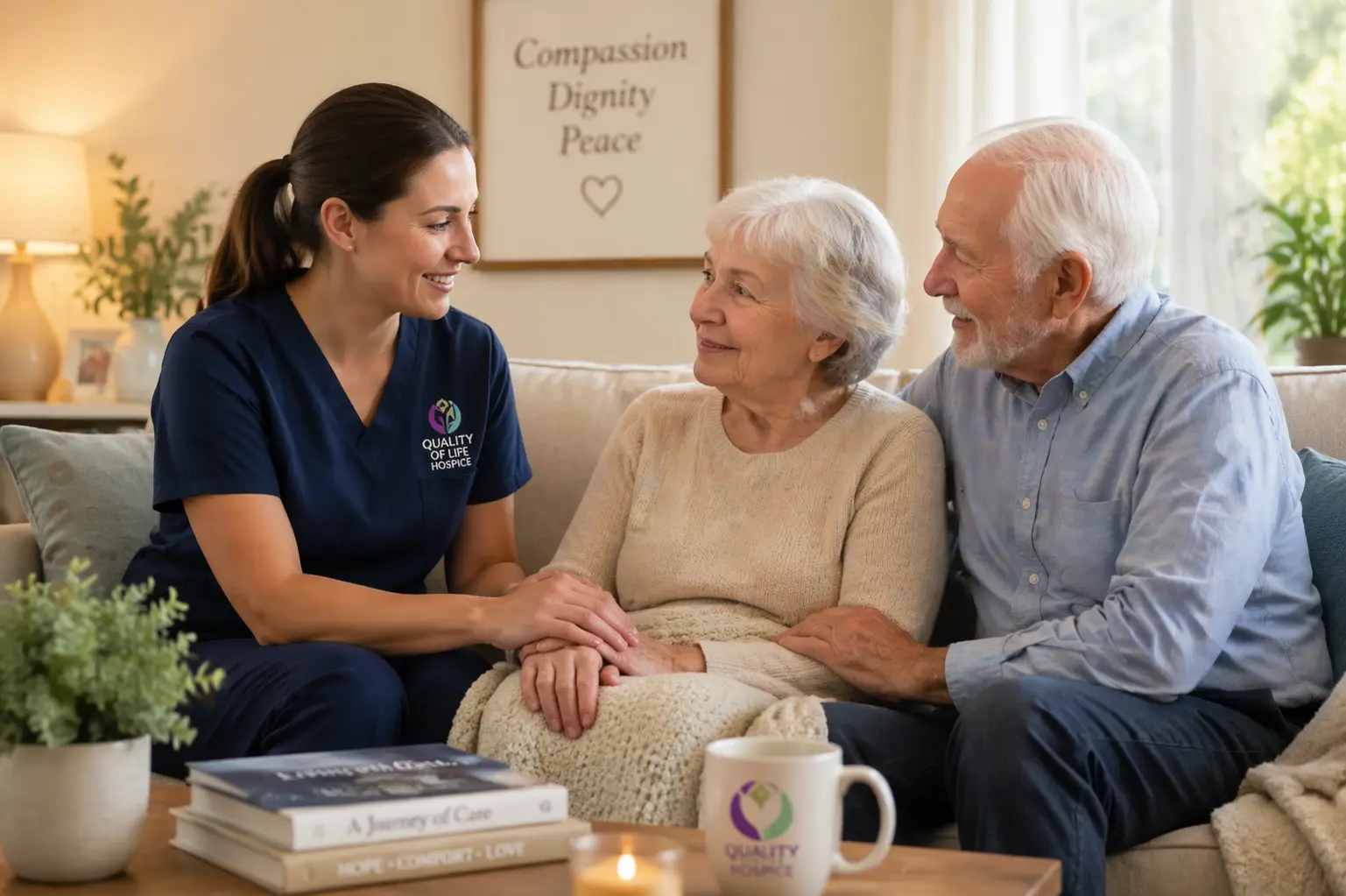 Hospice nurse offering comfort to a patient at home