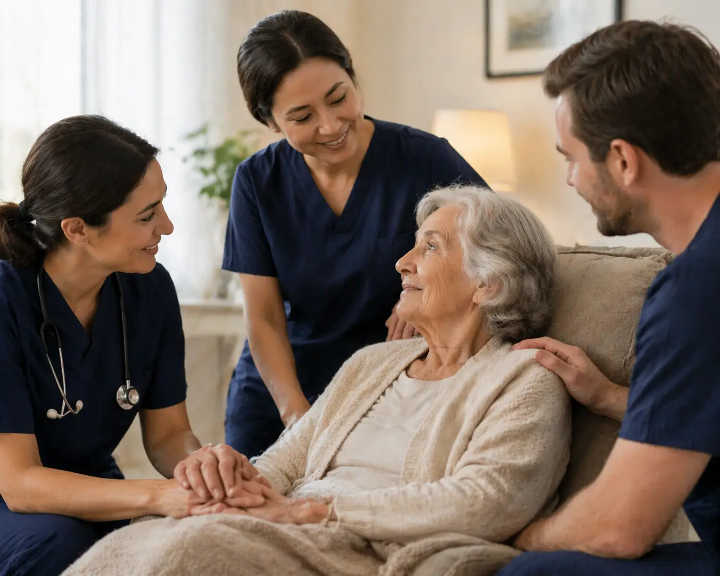 Family members supporting an older loved one at home