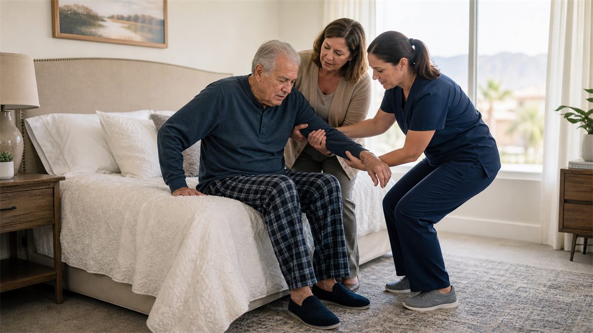 Hospice nurse and family caregiver helping an older adult prepare to stand safely at home