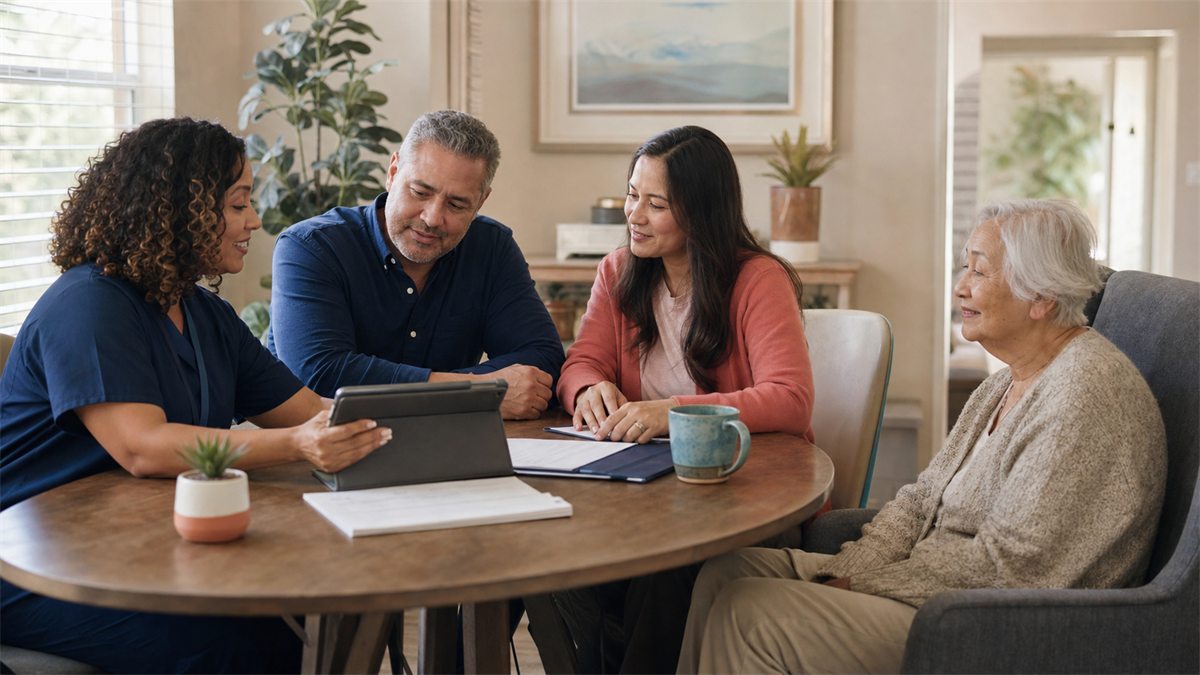 Las Vegas family discussing a hospice care plan with a nurse at home