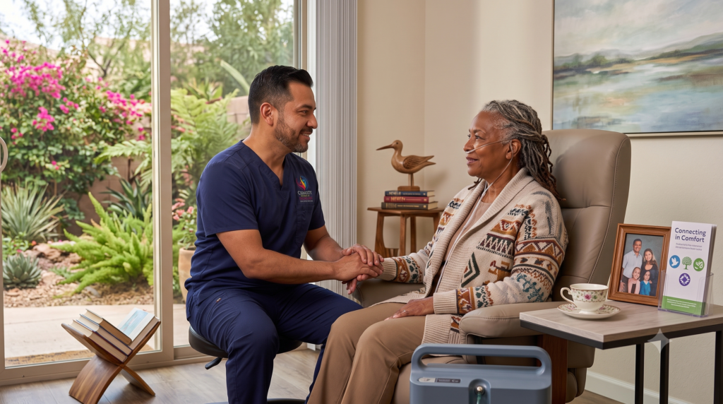 Hospice chaplain offering inclusive spiritual support to an older patient at home in Las Vegas