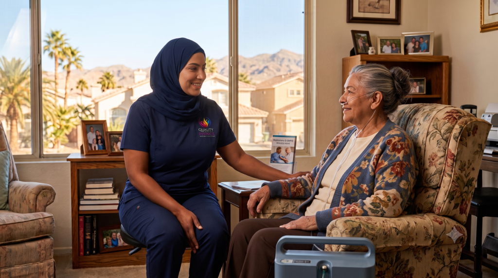 Hospice medical social worker reviewing care resources with a Las Vegas family at home