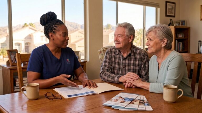 Quality of Life Hospice nurse with subtle left-chest uniform logo explaining 100% Medicare Part A hospice coverage to a senior couple in Las Vegas