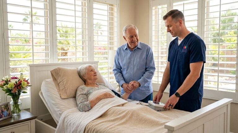 Quality of Life Hospice nurse with subtle left-chest uniform logo checking vitals for an elderly patient in a home hospital bed in Las Vegas