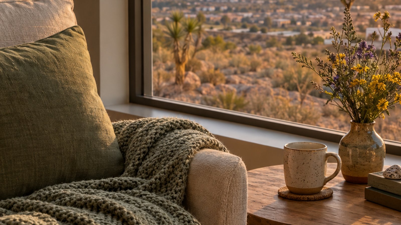 Sunlit living room chair with a knitted blanket, a mug of tea and desert wildflowers beside a window overlooking the Las Vegas valley at golden hour.