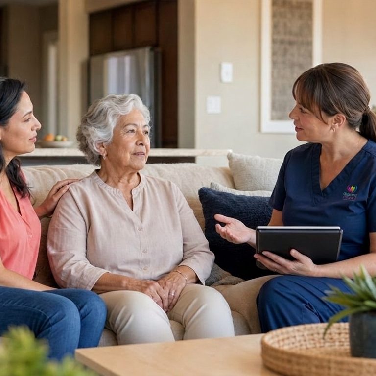 Quality of Life Hospice nurse in navy uniform with subtle left-chest logo discussing hospice care signs with an elderly mother and daughter in Las Vegas
