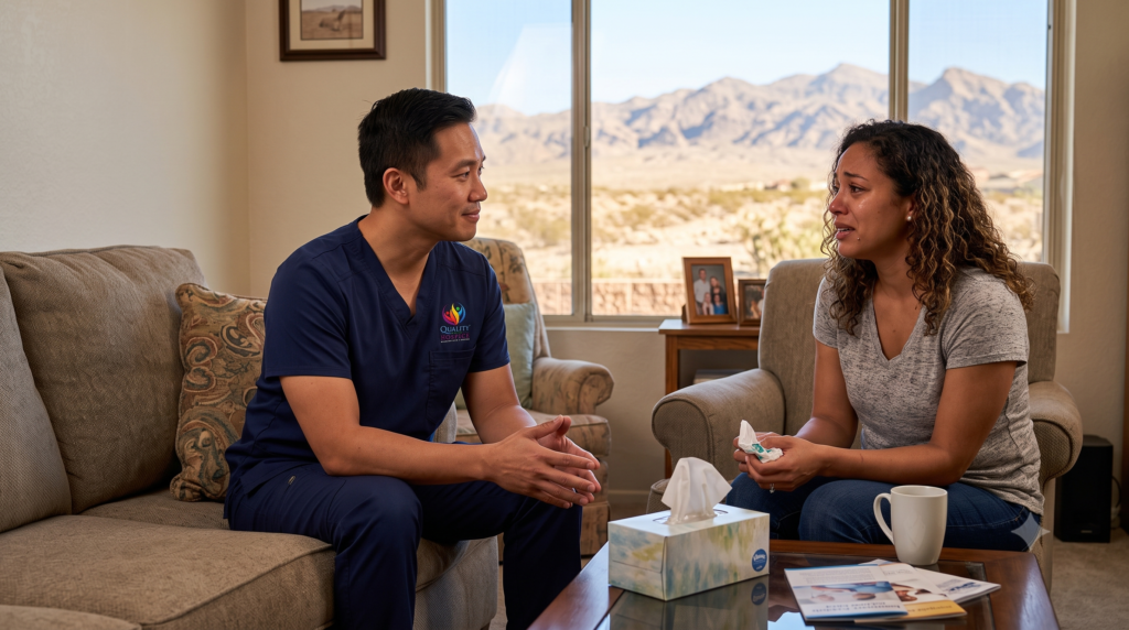 Grief counselor listening compassionately to an adult daughter during a bereavement support visit in Las Vegas