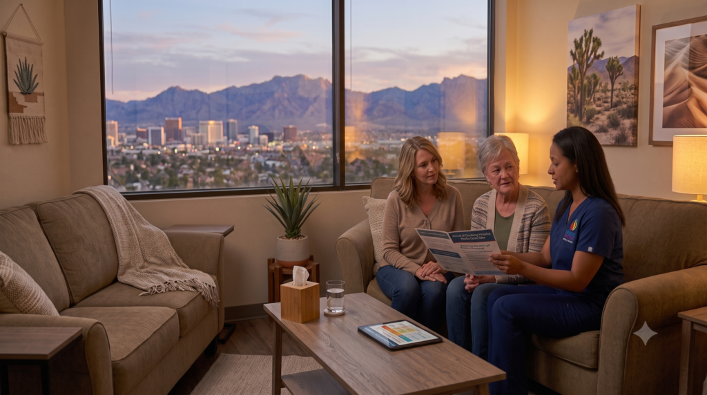 Hospice nurse discussing comfort-focused cancer care with an older patient and family member in Las Vegas