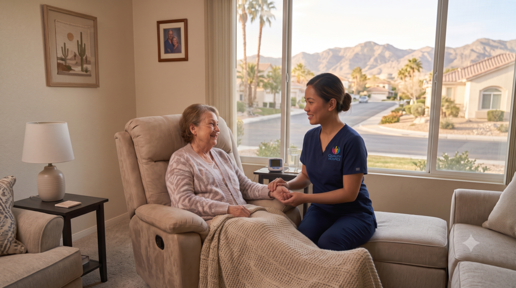 Hospice nurse providing comfort-focused heart failure care to an older patient at home in Las Vegas
