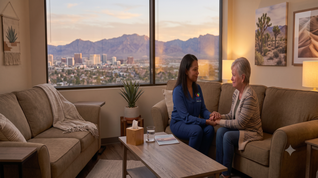 Hospice caregiver supporting an older woman with dementia at home in Las Vegas