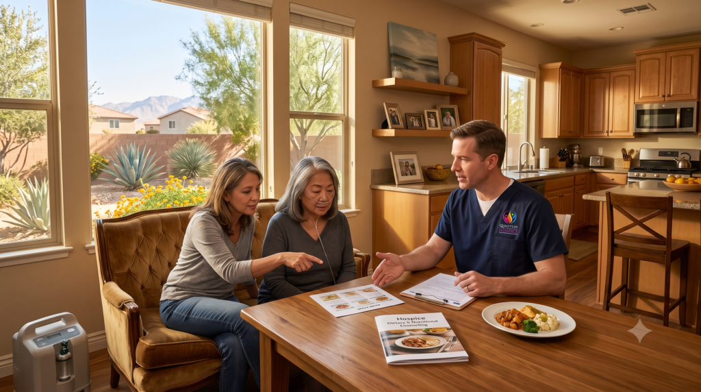 Hospice dietitian discussing a comfort-focused meal plan with an older patient and family in Las Vegas