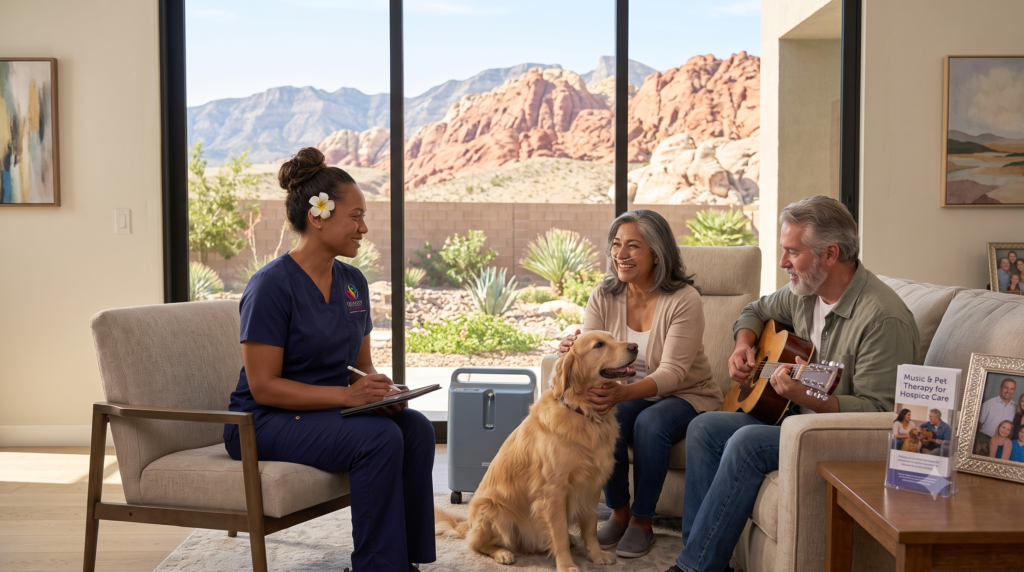 Older hospice patient enjoying pet therapy with a golden retriever and gentle live music in Las Vegas