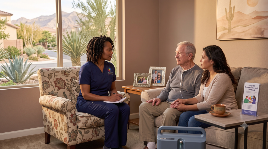 Hospice counselor providing psychological support to an older patient and family caregiver in Las Vegas
