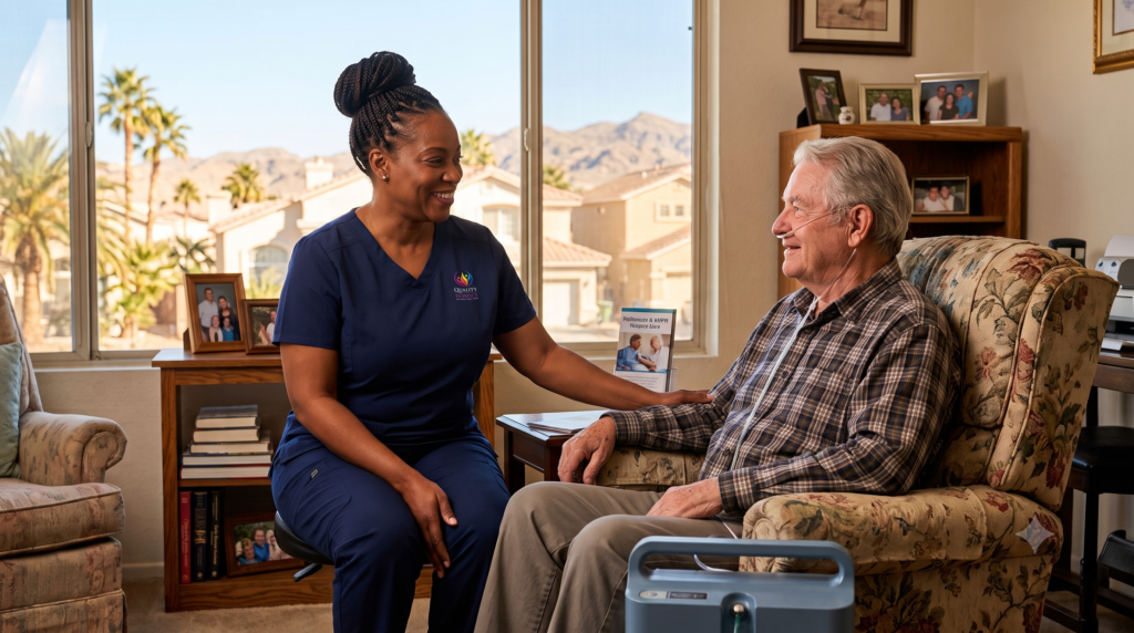 Hospice nurse supporting an older COPD patient using oxygen comfortably at home in Las Vegas