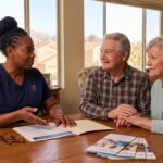 Quality of Life Hospice nurse with subtle left-chest uniform logo explaining 100% Medicare Part A hospice coverage to a senior couple in Las Vegas