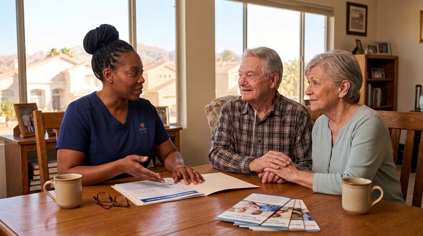 Quality of Life Hospice nurse with subtle left-chest uniform logo explaining 100% Medicare Part A hospice coverage to a senior couple in Las Vegas