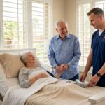 Quality of Life Hospice nurse with subtle left-chest uniform logo checking vitals for an elderly patient in a home hospital bed in Las Vegas