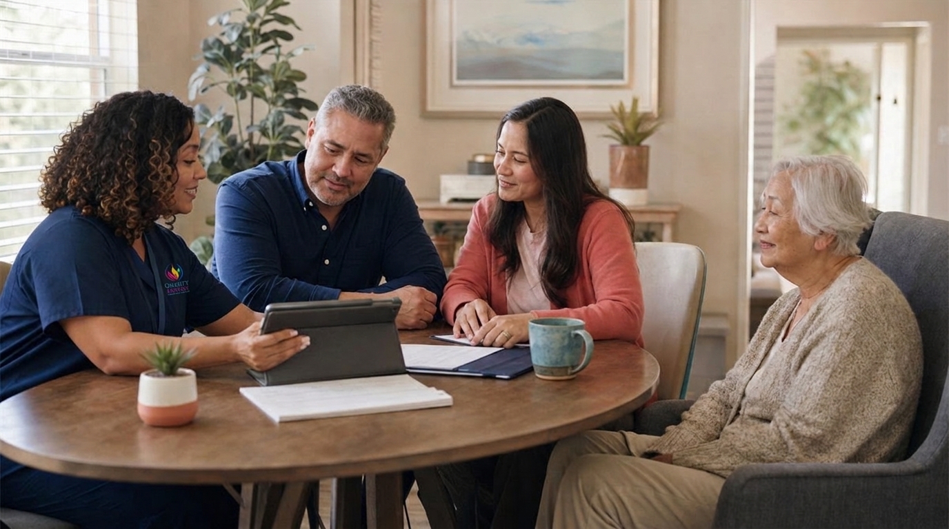 Quality of Life Hospice nurse with subtle left-chest uniform logo reviewing a 2026 hospice care plan with a Las Vegas family at home