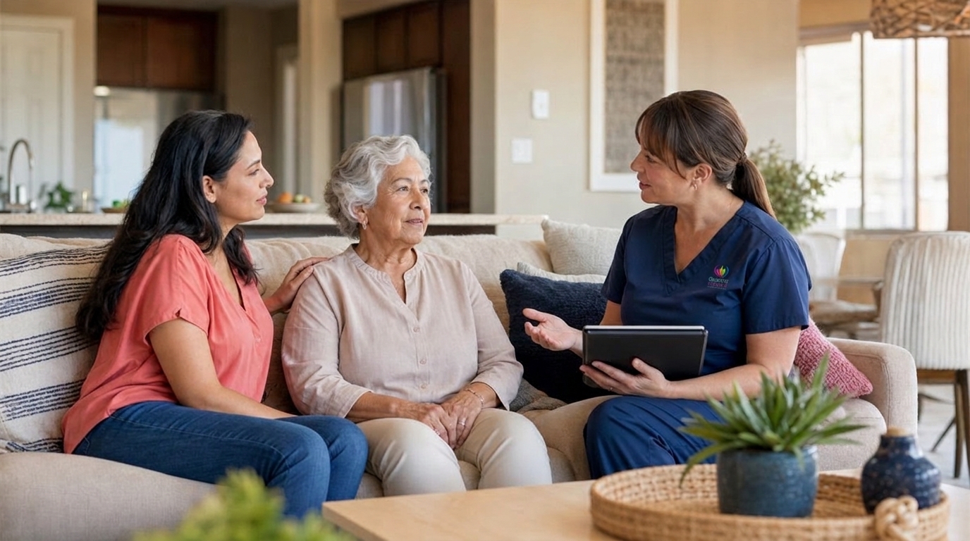 Quality of Life Hospice nurse in navy uniform with subtle left-chest logo discussing hospice care signs with an elderly mother and daughter in Las Vegas