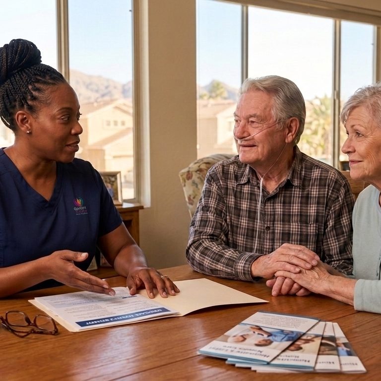 Quality of Life Hospice nurse with subtle left-chest uniform logo explaining 100% Medicare Part A hospice coverage to a senior couple in Las Vegas