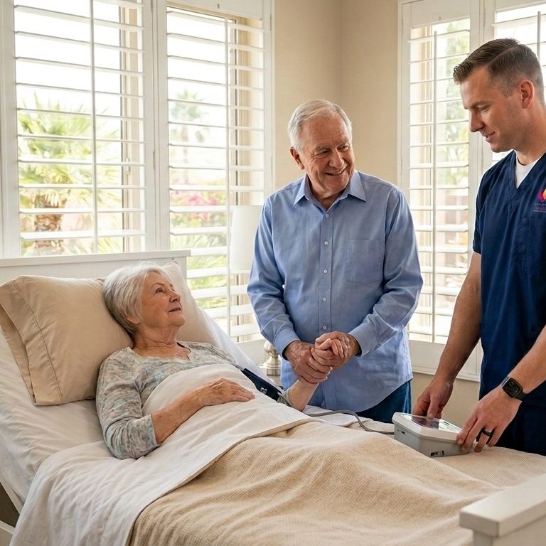Quality of Life Hospice nurse with subtle left-chest uniform logo checking vitals for an elderly patient in a home hospital bed in Las Vegas