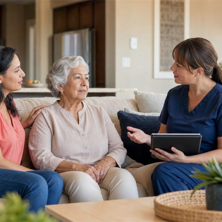 Hospice nurse discussing care options with a senior and her daughter at home in Las Vegas